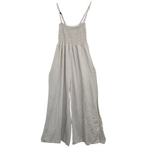 Wasabi + Mint Smocked Jumpsuit Wide Leg Linen Look Beige Neutral Pockets S Flaw